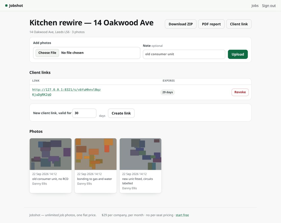 A job page in Jobshot: two site photos with timestamps and notes, an upload form, and an expiring client link