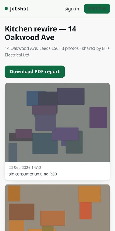 The client link on a phone: the job's photos, each with its timestamp and note, and a Download PDF report button